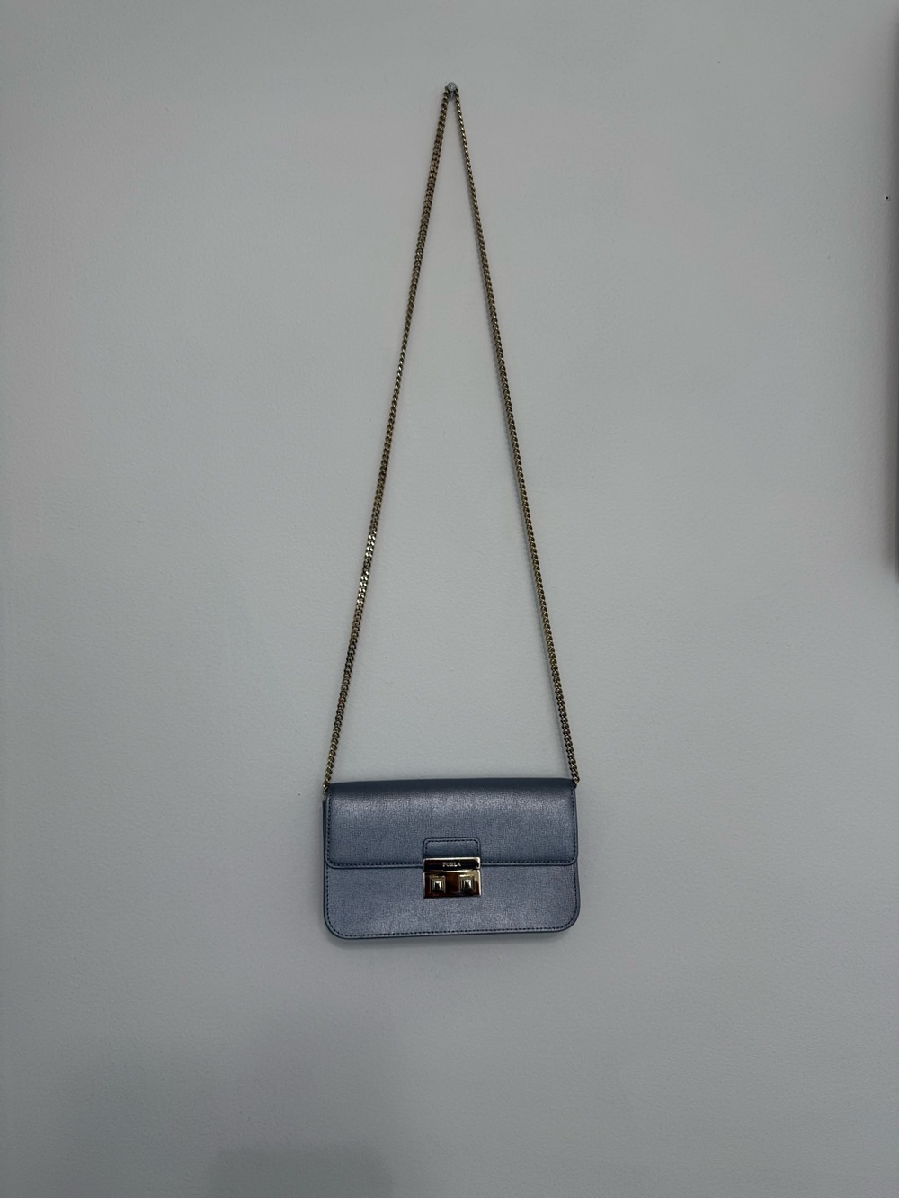 Furla Steel Blue Leather Shoulder Bag with Gold Chain